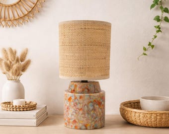 Handglazed Crystalline Ceramic Bedside Lamp with Raffia Shade