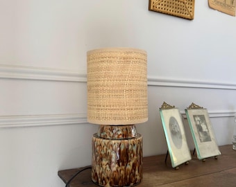 Brown-blue reddish , beige  flow crystaline handglazed bedside ceramic lamp with Raffia/Rattan shade - Mocha Flow