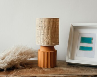 Orange,tangerine handcarved bedside ceramic lamp with Raffia/Rattan or white shade