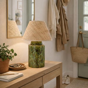Handglazed Ceramic pistachio green table lamp with raffia rattan shade