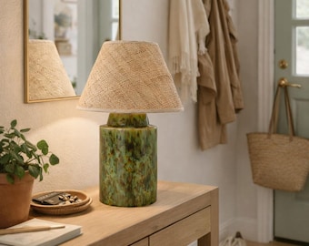 Handglazed Ceramic pistachio green table lamp with raffia rattan shade