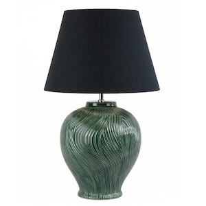 Handcarved Green Ceramic Table Lamp: Black & Gold Shade