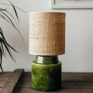 Pistachio/Green handglazed bedside ceramic lamp with Raffia/Rattan shade