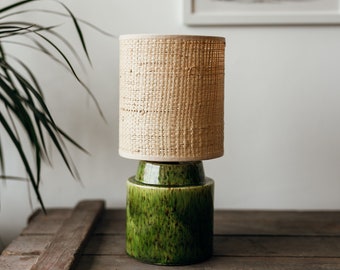 Pistachio/Green handglazed bedside ceramic lamp with Raffia/Rattan shade