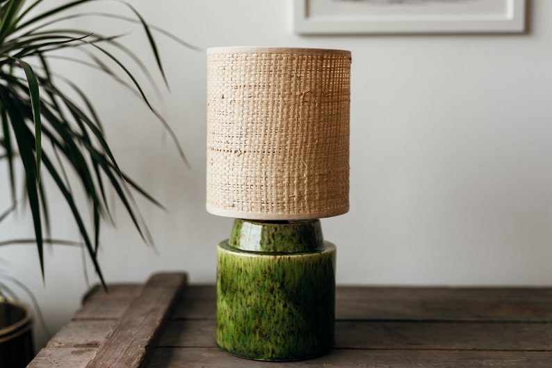 Pistachio/Green handglazed bedside ceramic lamp with Raffia/Rattan shade image 1