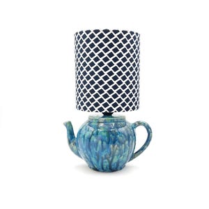 Handglazed Teapot Ceramic Lamp: Blue-Green Crystalline Glaze, Checked Shade