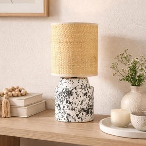 Boho Chic Ceramic Table Lamp: Black & White Patchwork, Rafia Shade