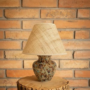 Brown-blue reddish , beige  flow crystaline handglazed bedside ceramic lamp with raffia fabric shade