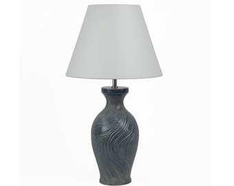 Elegant handcarved tall blue-topazblue table lamp with white fabric shade