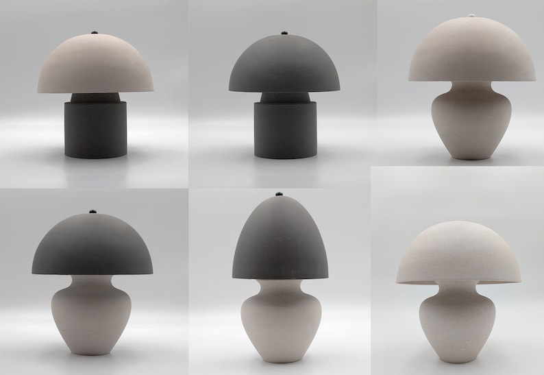 May include: Set of six ceramic table lamps with mushroom-shaped shades. The lamps have a modern, minimalist design and come in two colour combinations: a light grey shade with a dark grey base and a dark grey shade with a light grey base.