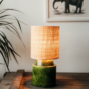 Pistachio/Green handglazed bedside ceramic lamp with Raffia/Rattan shade image 2