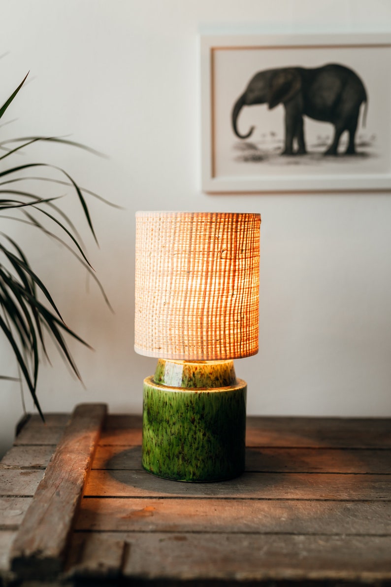 Pistachio/Green handglazed bedside ceramic lamp with Raffia/Rattan shade image 2