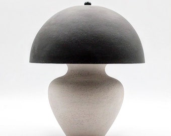 Handmade ceramic mushroom lamp with white or black ceramic shade.
