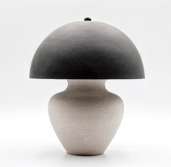 Handmade ceramic mushroom lamp with white or black ceramic shade.