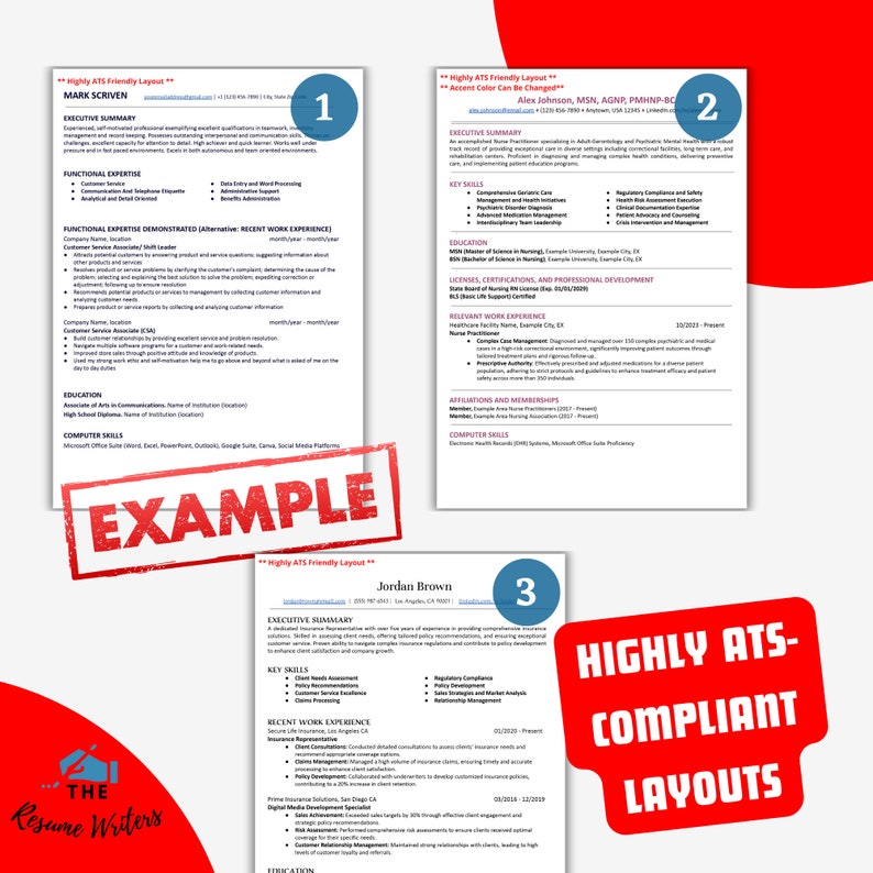 May include: Three example resume layouts with the text "Highly ATS-Compliant Layouts" in red. The layouts are labeled with numbers 1, 2, and 3. The text "The Resume Writers" is in the bottom left corner.