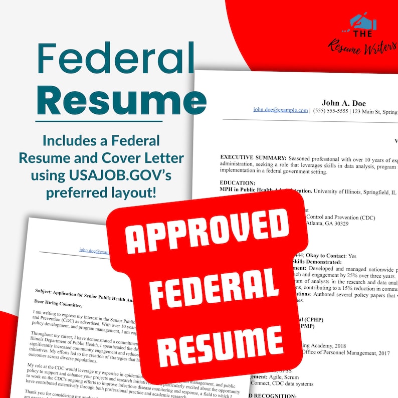 May include: A red stamp with the word "APPROVED" in white text is superimposed over a document with the title "Federal Resume" in large, bold, blue text. The document includes a section titled "Executive Summary" and a section titled "Education".