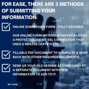 May include: A blue and white checklist with three options for submitting information: online form, fillable PDF document, or sending a resume with new information. The text "FOR EASE, THERE ARE 3 METHODS OF SUBMITTING YOUR INFORMATION" is at the top of the checklist. The text "BUY NOW" is at the bottom of the checklist.