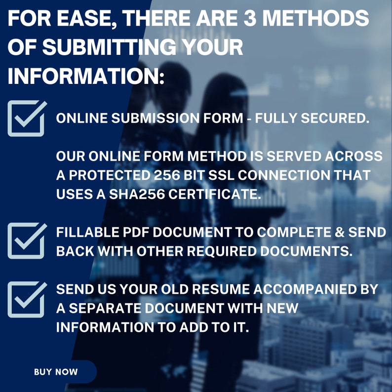 May include: A blue and white checklist with three options for submitting information: online form, fillable PDF document, or sending a resume with new information. The text "FOR EASE, THERE ARE 3 METHODS OF SUBMITTING YOUR INFORMATION" is at the top of the checklist. The text "BUY NOW" is at the bottom of the checklist.