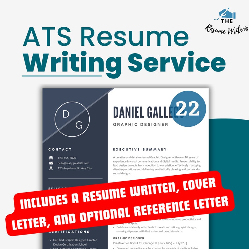 May include: A blue and white resume writing service advertisement with the text "ATS Resume Writing Service" and "Includes a resume written, cover letter, and optional reference letter". The advertisement features a mock-up resume with the name "Daniel Galle 22" and the title "Graphic Designer".