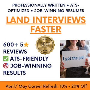 May include: An advertisement with text promoting job-winning resumes. The text includes "Land Interviews Faster," "600+ 5-star Reviews," and "ATS-Friendly." A person holds a sign that says "I got the job!" with a gold "Best Seller" seal.