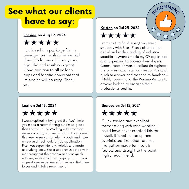 May include: Image displaying customer reviews with five-star ratings. The text provides positive feedback on resume services, emphasizing ease of use, quick service, and professional outcomes. A thumbs-up icon with stars is also present.
