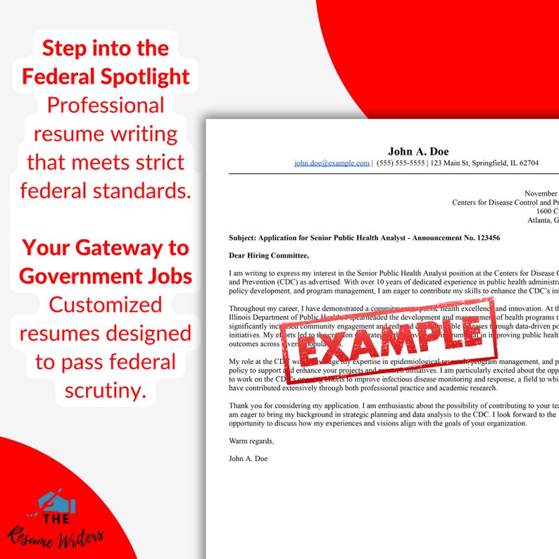 May include: A red stamp with the word "EXAMPLE" in white letters. The stamp is placed over a document with text about applying for a Senior Public Health Analyst position at the Centers for Disease Control and Prevention (CDC).