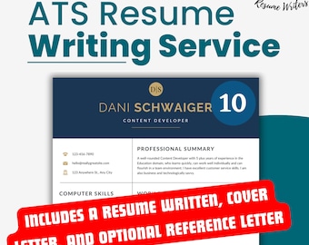 May include: A blue and gold graphic with the text "ATS Resume Writing Service" in a large, bold font. The graphic also includes the text "Includes a resume written, cover letter, and optional reference letter" in red.