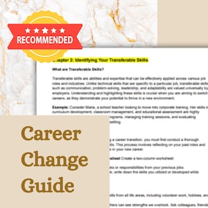 Op de afbeelding: Een close-up van een pagina uit een carrièreveranderingsgids met de titel "Career Change Guide" in grote, bruine letters. De pagina bespreekt het identificeren van overdraagbare vaardigheden en geeft een voorbeeld van een leraar die naar bedrijfsopleiding wil overstappen.