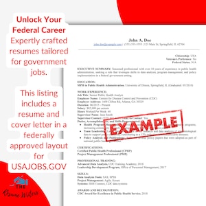 May include: A resume template for government jobs. The template includes a resume and cover letter in a federally approved layout. The template is designed for USAJOBS.GOV. The text on the resume includes the job title, Senior Public Health Analyst, the employer name, Centers for Disease Control and Prevention (CDC), and the employer address, 1600 Clifton Rd, Atlanta, GA 30329.