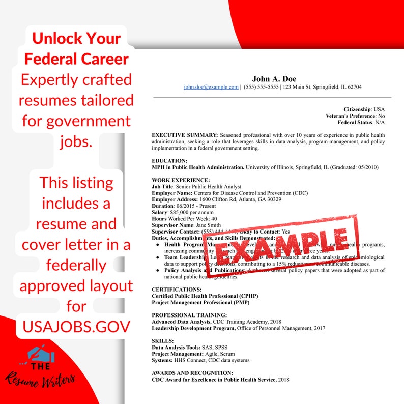 May include: A resume template for government jobs. The template includes a resume and cover letter in a federally approved layout. The template is designed for USAJOBS.GOV. The text on the resume includes the job title, Senior Public Health Analyst, the employer name, Centers for Disease Control and Prevention (CDC), and the employer address, 1600 Clifton Rd, Atlanta, GA 30329.