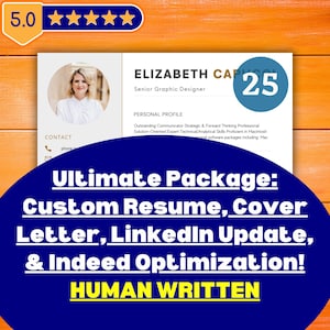 Könnte beinhalten: Eine Lebenslaufvorlage mit Foto, Name und Kontaktdaten. Der Text lautet "Senior Graphic Designer" und "Ultimate Package: Custom Resume, Cover Letter, LinkedIn Update, & Indeed Optimization!" mit einer 5-Sterne-Bewertung.