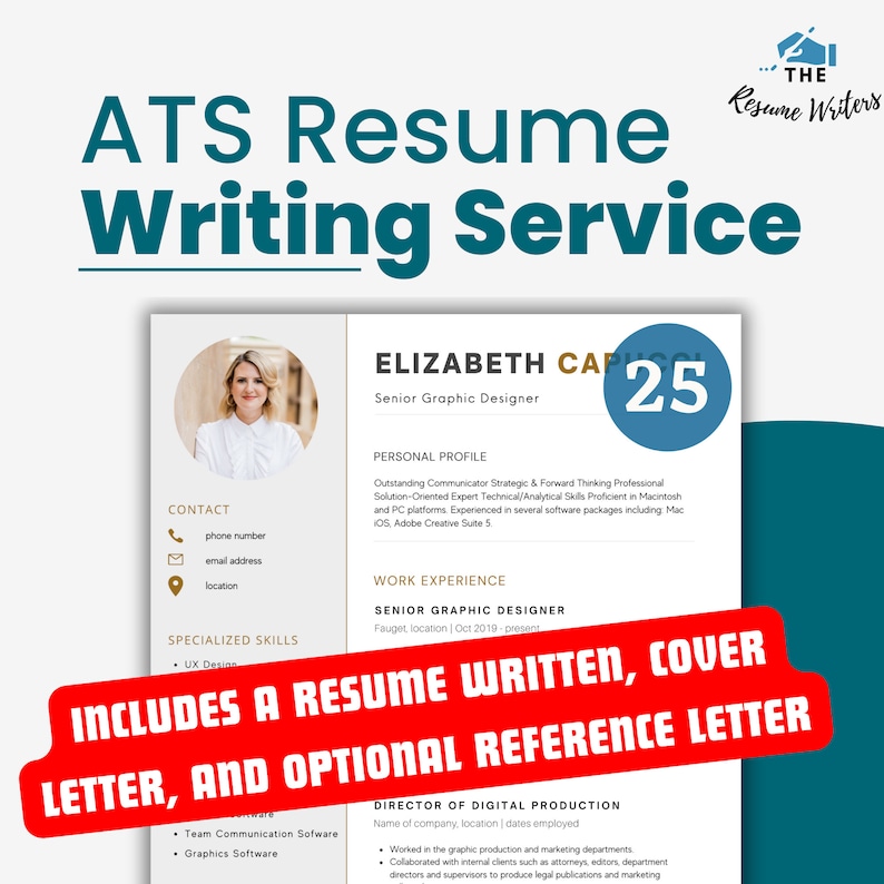 May include: A blue and white graphic with the text "ATS Resume Writing Service" in a teal blue font. The graphic also includes a photo of a woman, a resume template, and the text "Includes a resume written, cover letter, and optional reference letter".