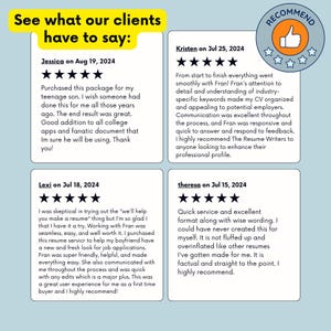 May include: A collage of four customer testimonials about a resume writing service. Each testimonial includes a five-star rating and a short description of the customer's experience with the service. The testimonials highlight the service's professionalism, attention to detail, and quick turnaround time.