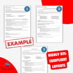May include: Three example resume layouts with the text "Highly ATS-Compliant Layouts" in red. The layouts are labeled with numbers 1, 2, and 3. The text "The Resume Writers" is in the bottom left corner.