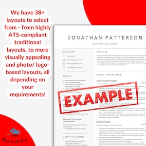 May include: A red stamp with the word "EXAMPLE" in white letters is placed over a resume for a graphic designer named Jonathan Patterson. The resume includes contact information, skills, work experience, and certifications.