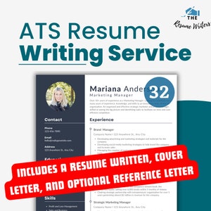 Pode incluir: Um anúncio de serviço de redação de currículos azul e branco com uma foto de uma mulher, um modelo de currículo e o texto "ATS Resume Writing Service".