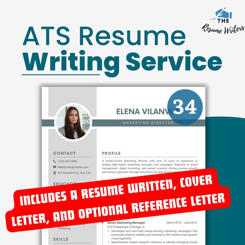 May include: A resume writing service advertises its services with a photo of a woman and the text "INCLUDES A RESUME WRITTEN, COVER LETTER, AND OPTIONAL REFERENCE LETTER".