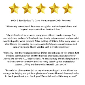 May include: Five gold stars with the text "600+ 5 Star Review To Date. Here are some 2024 Reviews:" and several customer reviews praising a service for resume writing.