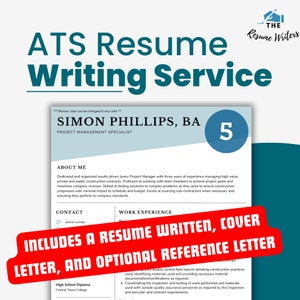 May include: A red and white banner with the text "ATS Resume Writing Service" in a teal blue font. The banner is overlaid on a light blue background with the text "SIMON PHILLIPS, BA PROJECT MANAGEMENT SPECIALIST" in black font. A red circle with the number "5" in white font is in the top right corner of the image. The text "INCLUDES A RESUME WRITTEN, COVER LETTER, AND OPTIONAL REFERENCE LETTER" is in white font on a red background.