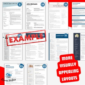 May include: A collage of different resume templates with various layouts and designs. The templates are labeled with numbers and names, such as "Simon Phillips, BA 5" and "John Michaels 14". The text "EXAMPLE" is stamped across the top of one of the templates. The text "MORE VISUALLY APPEALING LAYOUTS" is in a red circle at the bottom of the image.