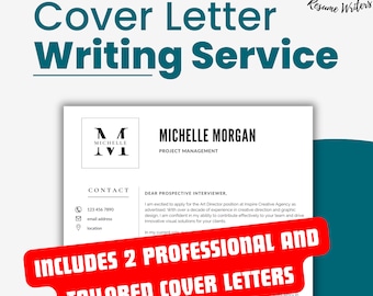 May include: A red and white graphic with the text "Includes 2 Professional and Tailored Cover Letters" on a white background. The graphic is overlaid on a blue background with the text "Cover Letter Writing Service" in a teal blue font.