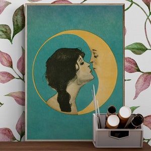 Woman and Moon Portrait Art Print: Vintage Style Wall Decor (Digital Download)