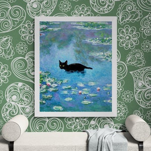 Funny Black Cat Art Print: Monet Waterlily Garden (Digital Download)