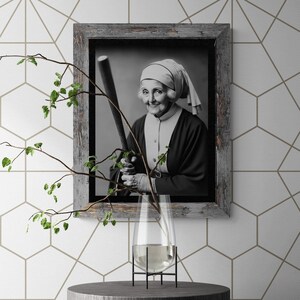 Funny Nun Print | Vintage Wall Art | Funny Wall Art | Baseball Nun Vintage Photo Printable | Black And White Photo | Vintage Photography