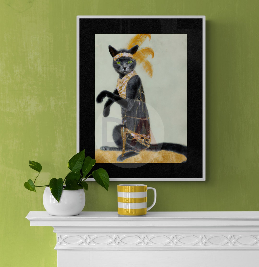 Vintage Cat Wall Art Yellow and Grey Art Flapper Cat Print Fun Cat