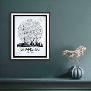 Stadsplan van Shanghai | Digitale afdruk | Kaartposter | Stadskunstafdruk | Kaart geboorteplaats Shanghai | Afbeelding van Oriental Pearl | Zwart-witafdruk