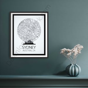 Sydney Stadt Karte | Digitaldruck | Landkarte Poster | Stadt Kunstdruck | Sydney Heimatstadt Karte | Bild von Hafen von Sydney | Schwarz Weiß Druck