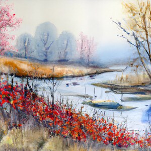 Spring Landscape Art Print: Vintage River Scene (Digital Download)