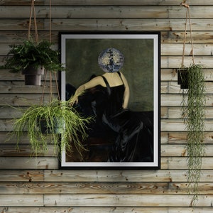 Victorian Woman Disco Ball Portrait: Dark Academia Wall Art (Digital Download)