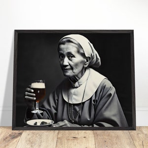 Nun with Beer Print: Black and White Vintage Style Wall Art